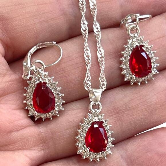 NEW Necklace Earrings Set Ruby Red Rhinestone Fashion Matching Jewelry Lot AU02 - Picture 5 of 5